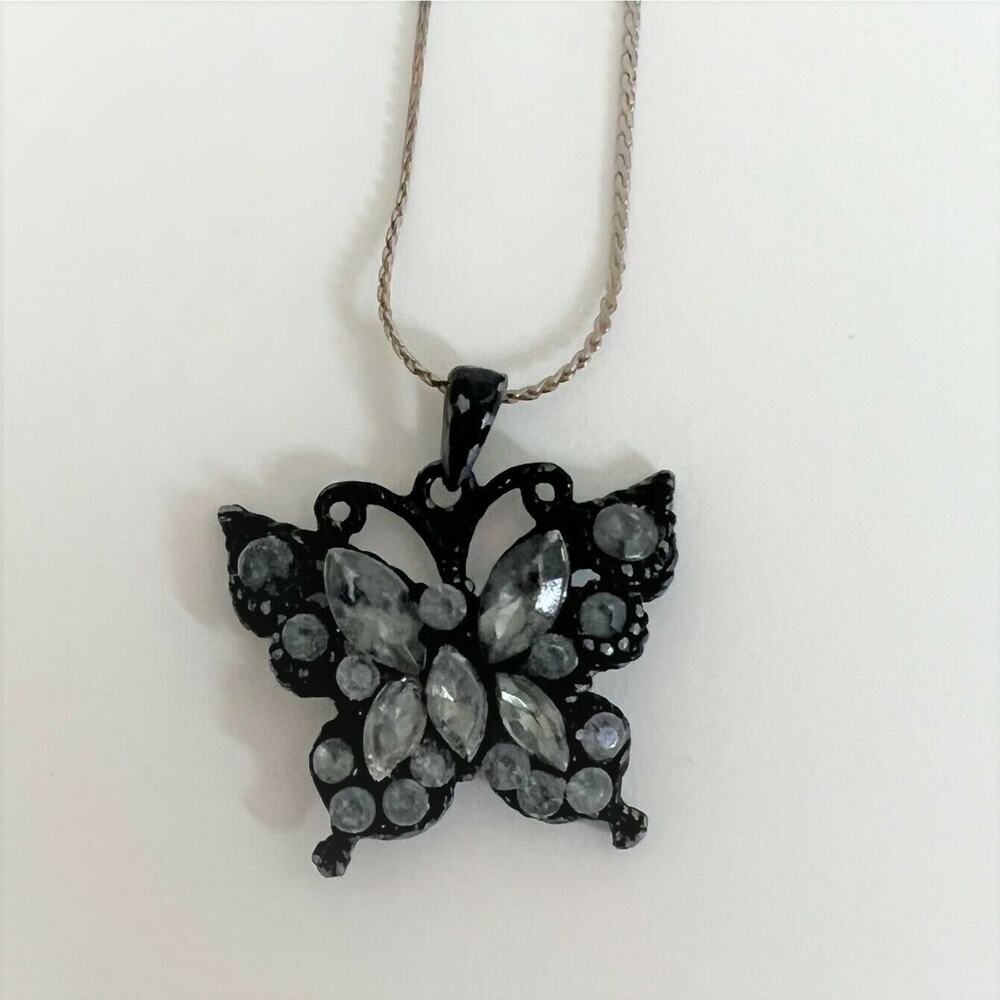 Black Beaded Butterfly Pendant Necklace with Silver Tone Chain